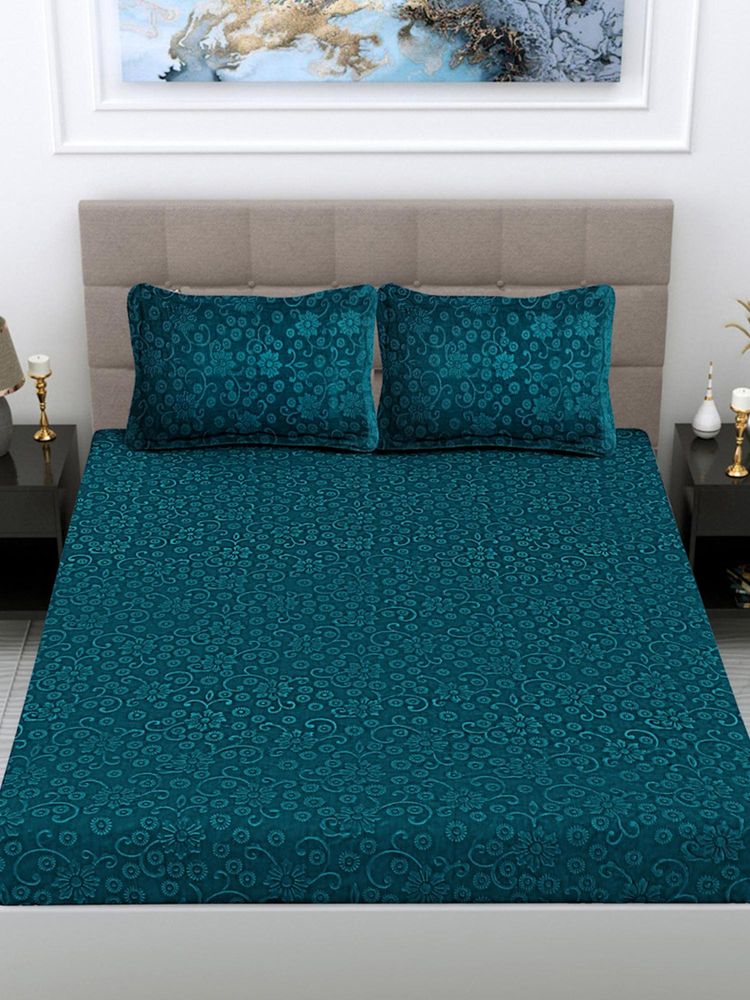 FABINALIV Rama Green Floral Woollen Embossed King Size Double Bedsheet With 2 Pillow Covers-image-35