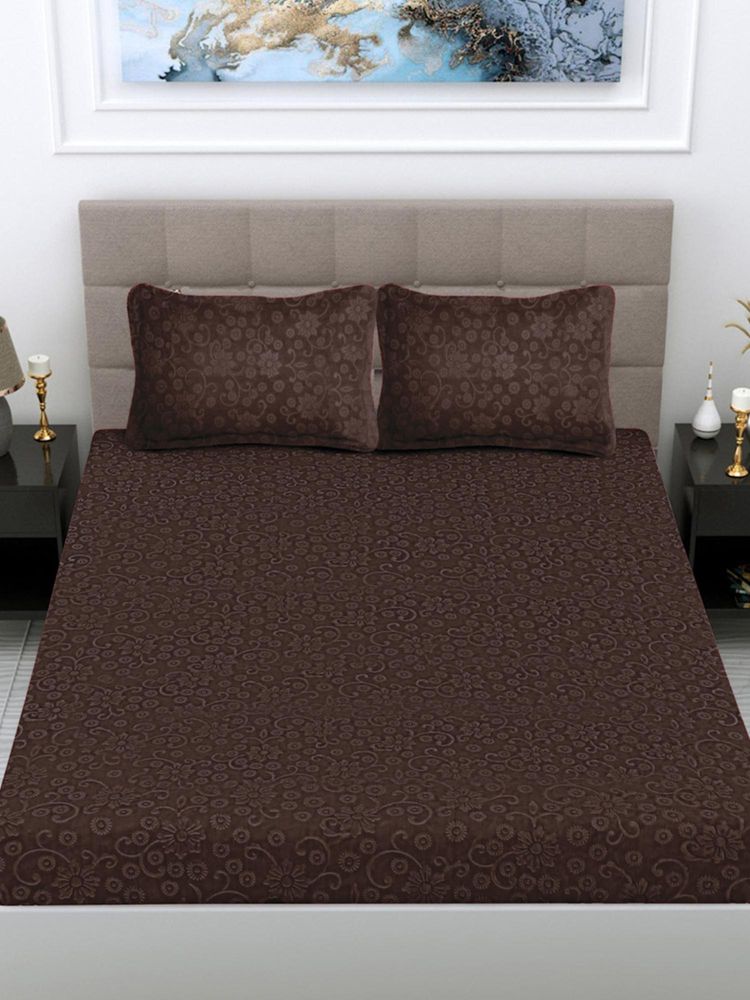 FABINALIV Coffee Floral Woollen Embossed King Size Double Bedsheet With 2 Pillow Covers-image-18
