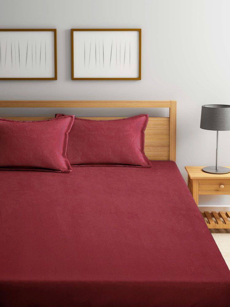 FABINALIV Maroon Solid 300 Tc Woollen King Size Double Bedsheet With 2 Pillow Covers-image-12