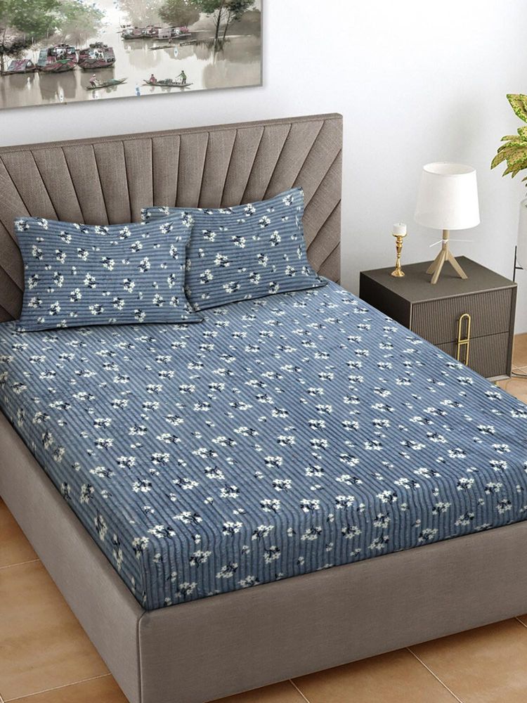 FABINALIV Blue Floral 300 Tc King Size Woollen Double Bedsheet With 2 Pillow Covers-picture-14