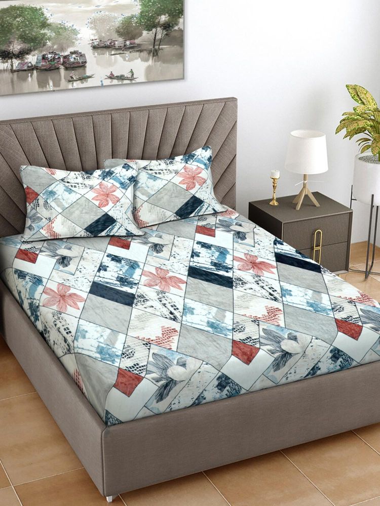 FABINALIV Multicolor Geometric 300 Tc King Size Woollen Double Bedsheet With 2 Pillow Covers-image-22