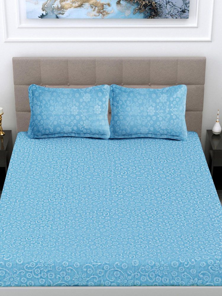 FABINALIV Sky Blue Floral King Size Woollen Embossed Double Bedsheet With 2 Pillow Covers-picture-15
