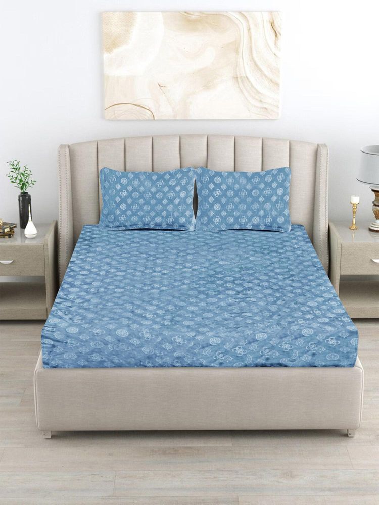 FABINALIV Powder Blue Geometric King Size Woollen Embossed Double Bedsheet With 2 Pillow Covers-image-1