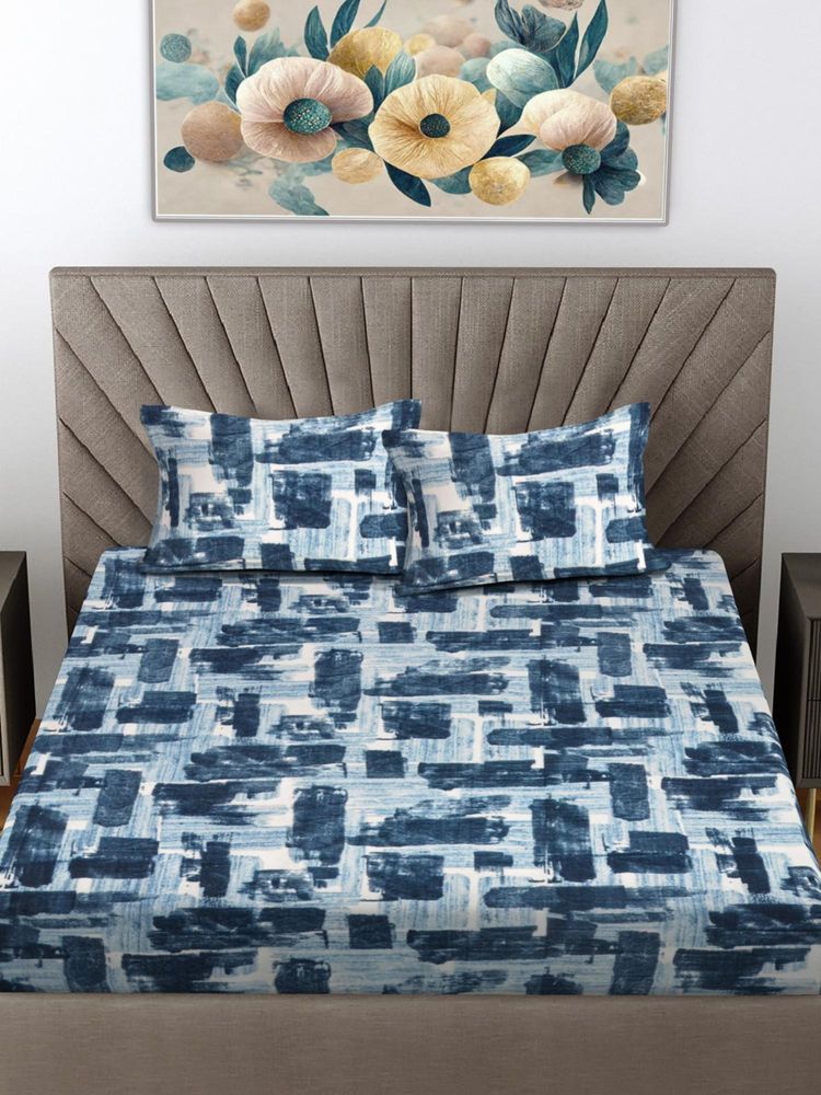 FABINALIV Blue Abstract 300 Tc King Size Woollen Double Bedsheet With 2 Pillow Covers-picture-29