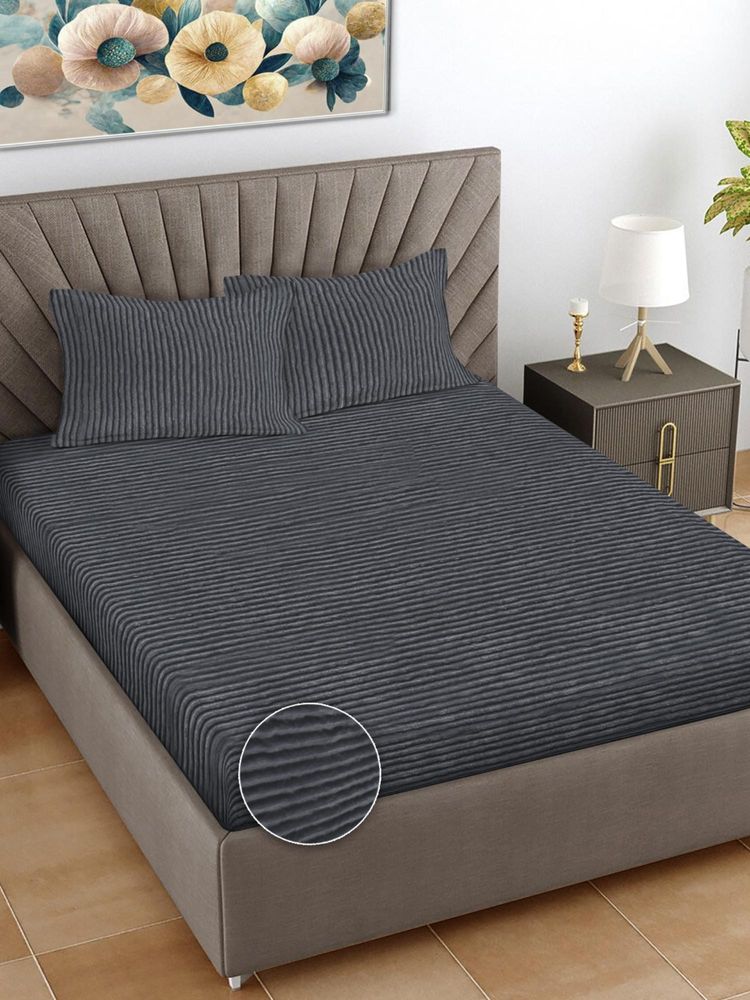 FABINALIV Dark Grey Striped Woollen King Size Double Bedsheet With 2 Pillow Covers-image-7