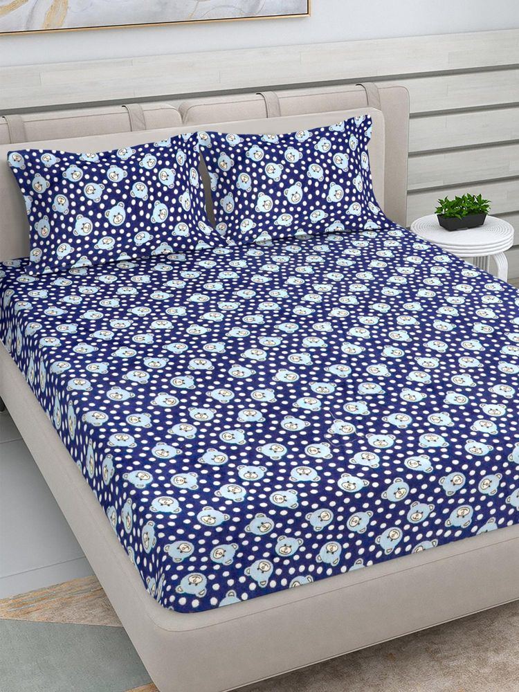 FABINALIV Navy Blue Cartoon Woollen King Size Double Bedsheet With 2 Pillow Covers-picture-17