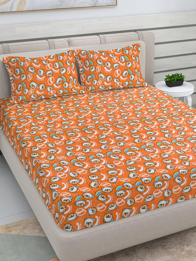 FABINALIV Orange Cartoon Woollen King Size Double Bedsheet With 2 Pillow Covers-picture-12