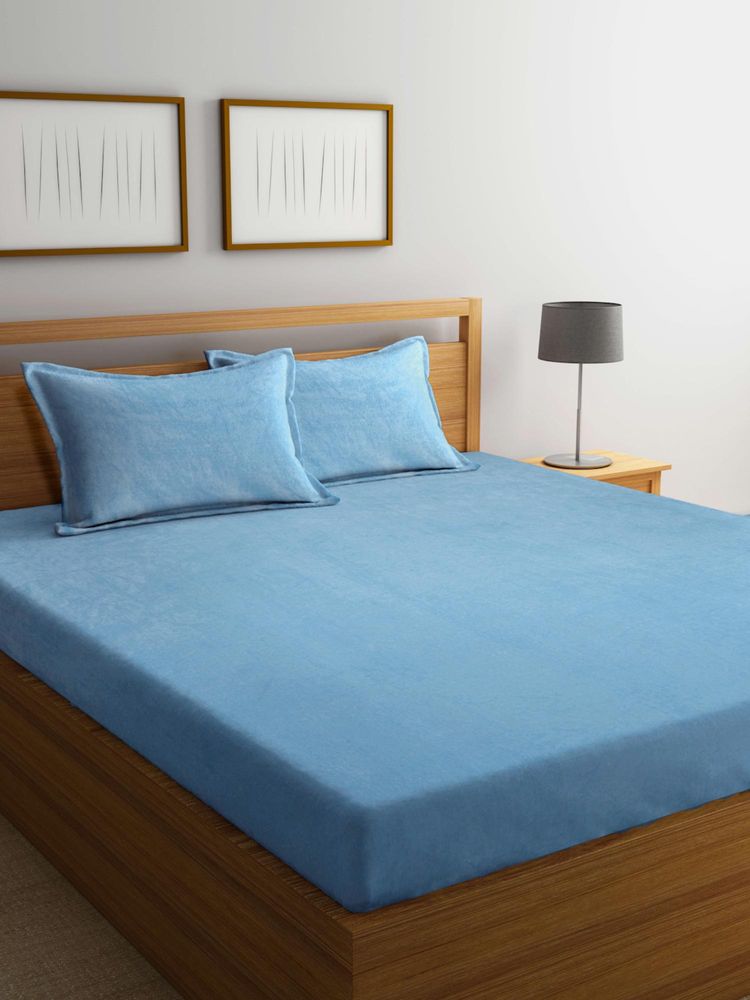 FABINALIV Powder Blue Solid Woollen King Size Double Bedsheet With 2 Pillow Covers-image-8