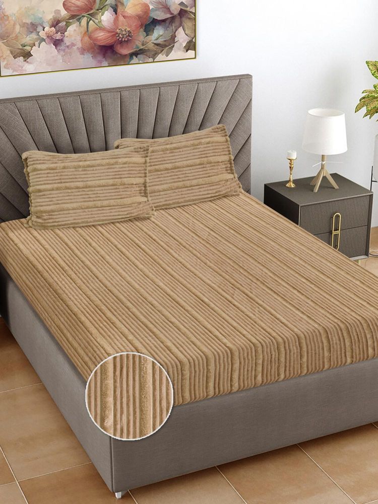 FABINALIV Beige Striped Woollen King Size Double Bedsheet With 2 Pillow Covers-image-16