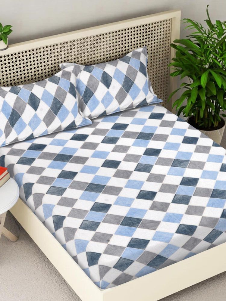 FABINALIV Blue Geometric Woollen King Size Double Bedsheet With 2 Pillow Covers-image-19