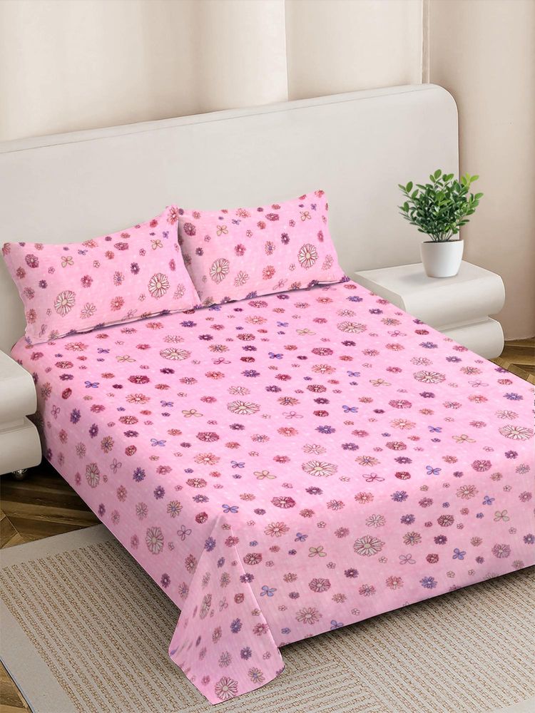 FABINALIV Pink Floral Woollen King Size Double Bedsheet With 2 Pillow Covers-image-19