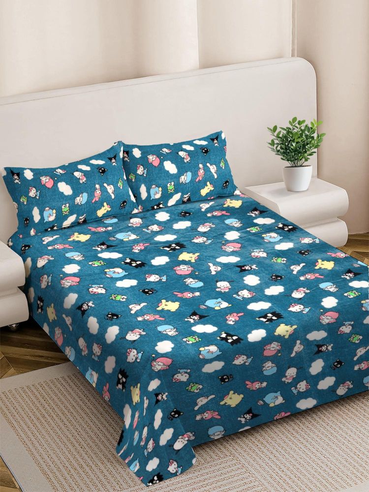 FABINALIV Turquoise Cartoon Print Woollen King Size Double Bedsheet With 2 Pillow Covers-image-42