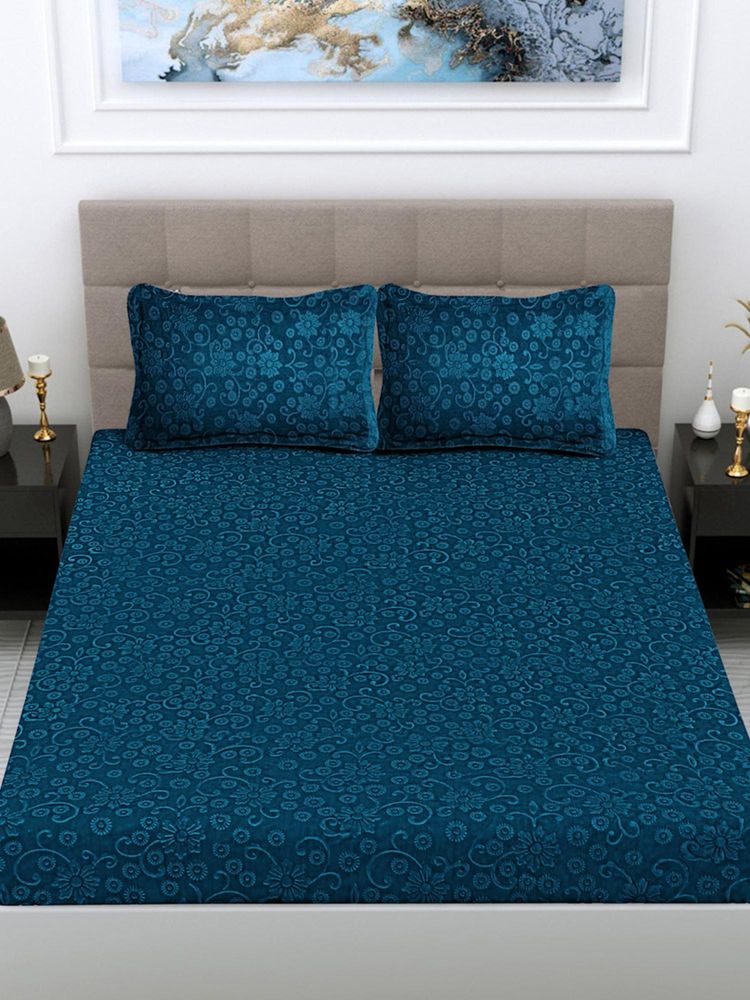 FABINALIV Rama Blue Floral Woollen Embossed King Size Fitted Double Bedsheet With 2 Pillow Covers-picture-15