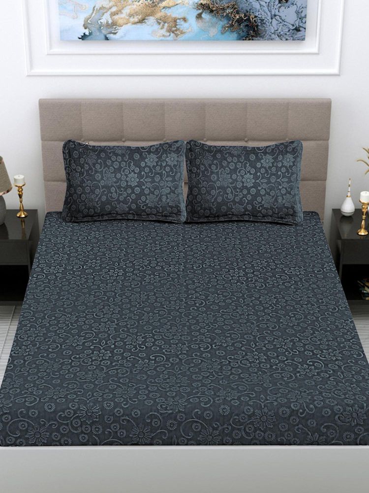 FABINALIV Dark Grey Floral Woollen Embossed King Size Fitted Double Bedsheet With 2 Pillow Covers-image-19