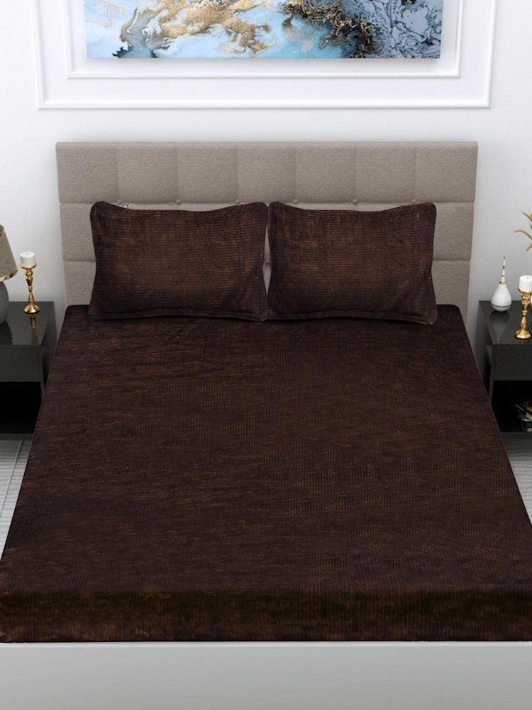 FABINALIV Coffee Striped 300 Tc Woollen King Size Fitted Double Bedsheet With 2 Pillow Covers-image-18