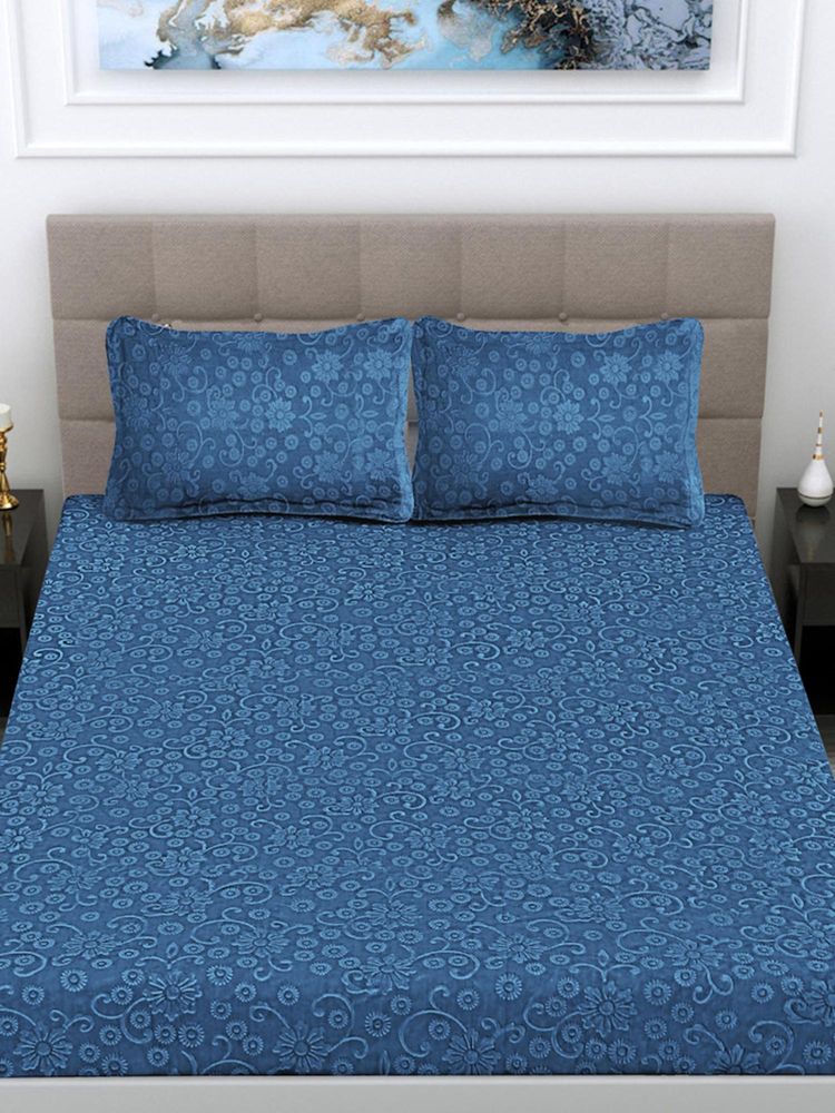 FABINALIV Ice Blue Floral Woollen Embossed King Size Fitted Double Bedsheet With 2 Pillow Covers-picture-13