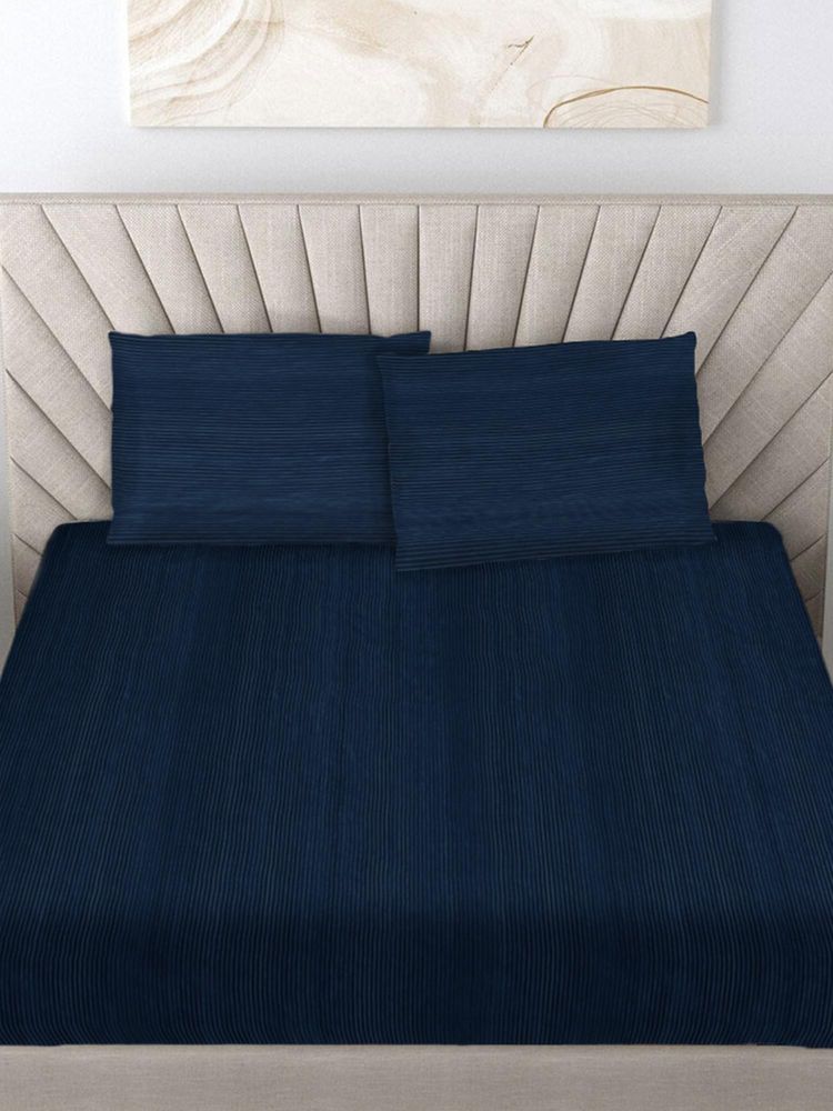FABINALIV Navy Blue Striped Woollen King Size Fitted Double Bedsheet With 2 Pillow Covers-image-25