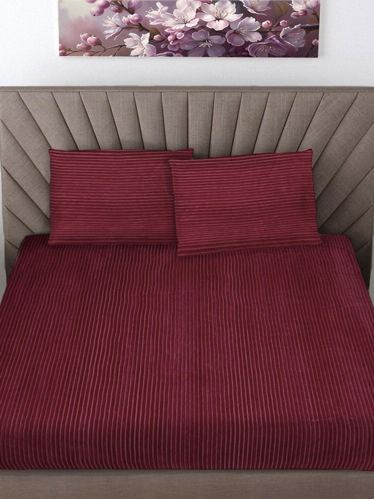 FABINALIV Maroon Striped 300 Tc Woollen King Size Fitted Double Bedsheet With 2 Pillow Covers-image-20