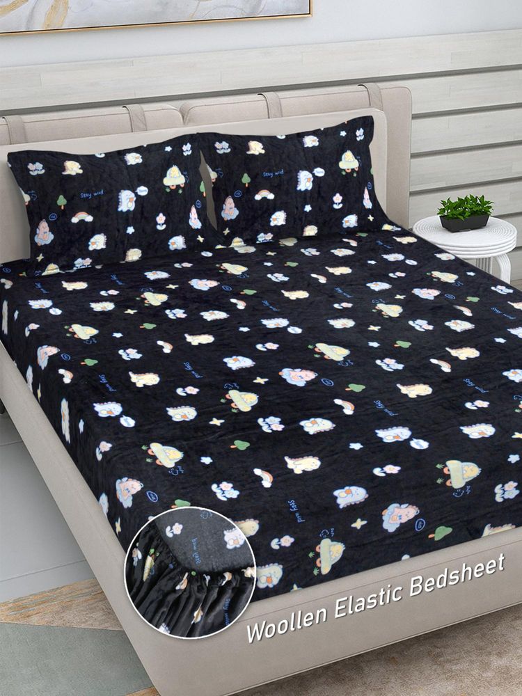 FABINALIV Black Cartoon Woollen King Size Fitted Double Bedsheet With 2 Pillow Covers-image-19