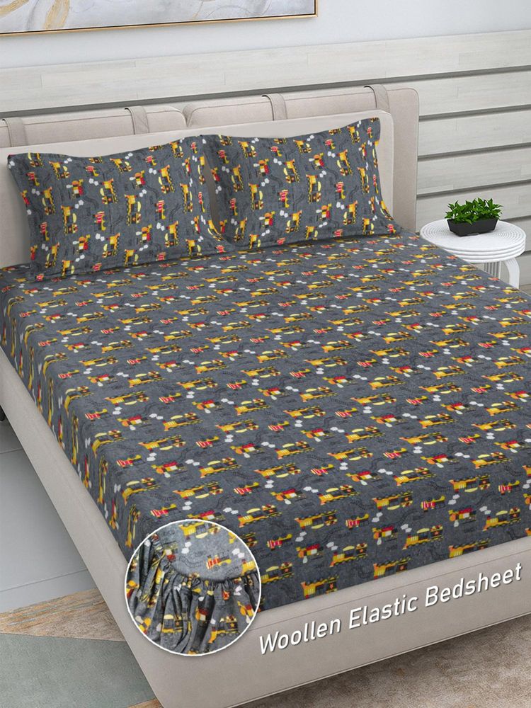 FABINALIV Grey Cartoon Woollen King Size Fitted Double Bedsheet With 2 Pillow Covers-picture-28