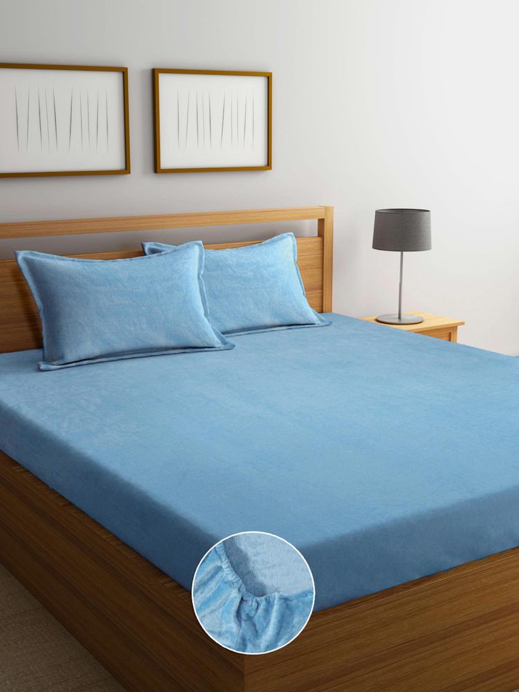 FABINALIV Powder Blue Solid Woollen King Size Fitted Double Bedsheet With 2 Pillow Covers-picture-18
