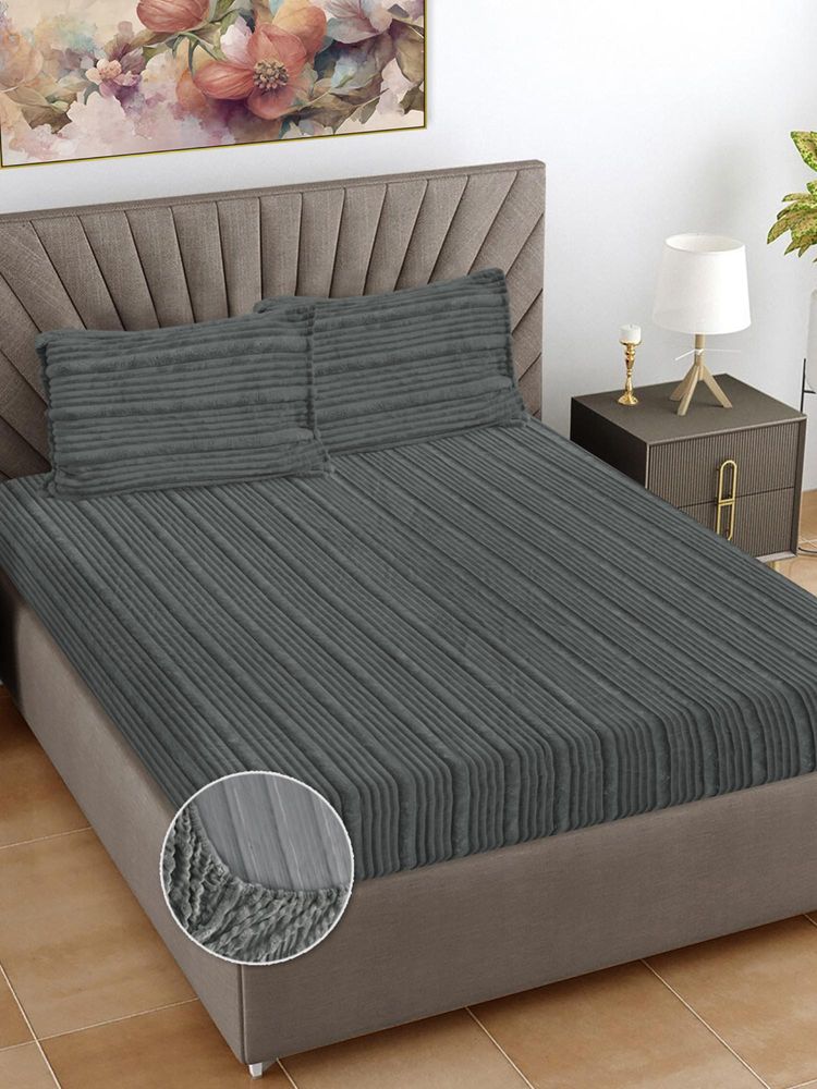 FABINALIV Grey Striped Woollen King Size Fitted Double Bedsheet With 2 Pillow Covers-image-3