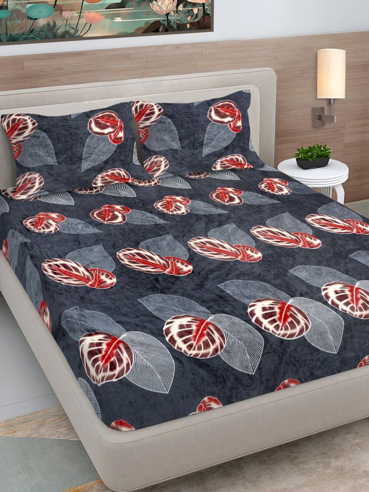FABINALIV Dark Grey Floral Woollen King Size Fitted Double Bedsheet With 2 Pillow Covers-image-49