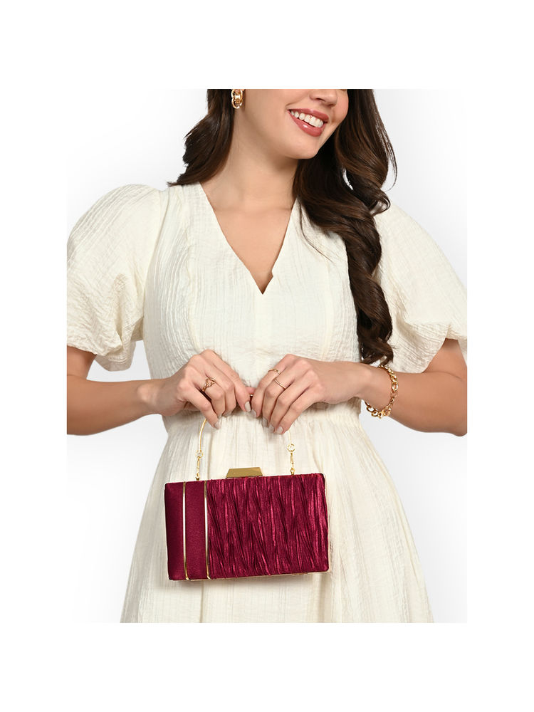 Lavie Womens Maroon Anya Pleat Handle Framed Clutch with Detachable Strap (S)-image-28