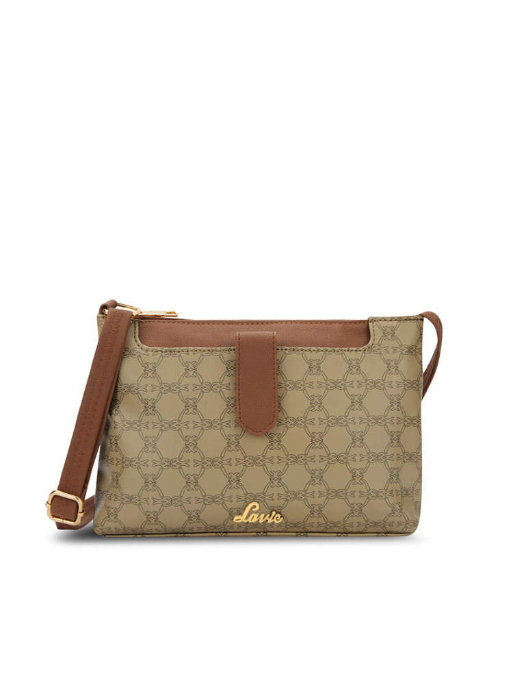 Lavie Womens Beige Mono Keiko 2C Top Zip Sling Bag (L)-image-11