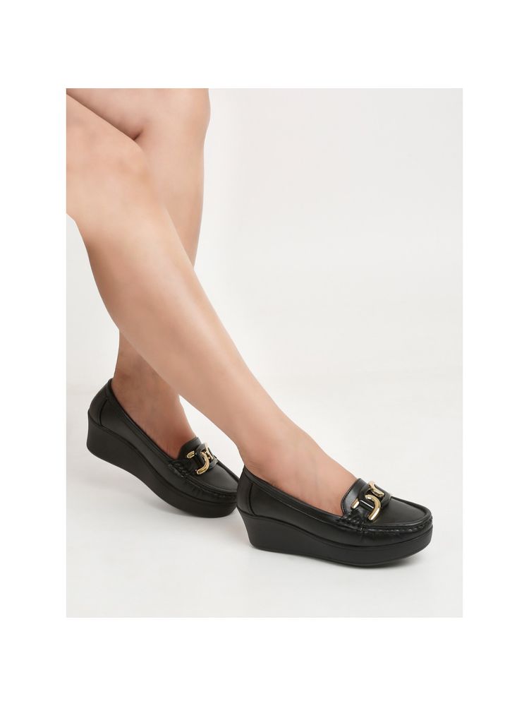 Flat n Heels Women Black Wedge Loafers-picture-11