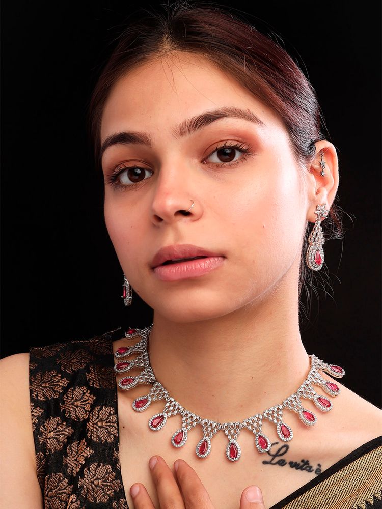 STILEADDA Red Ad-Cz Tear Drop Statement Necklace Set-image-5