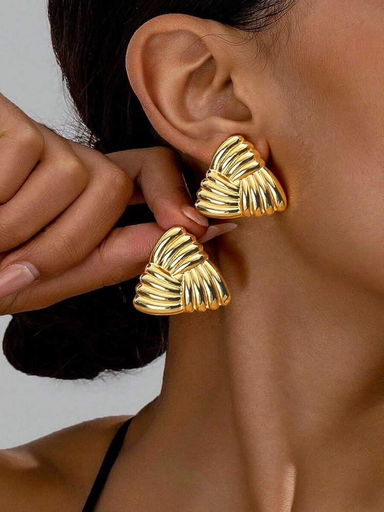 Designs & You Gold-Plated Anti Tarnish Stainless Steel Triangular Stud Earrings-image-6