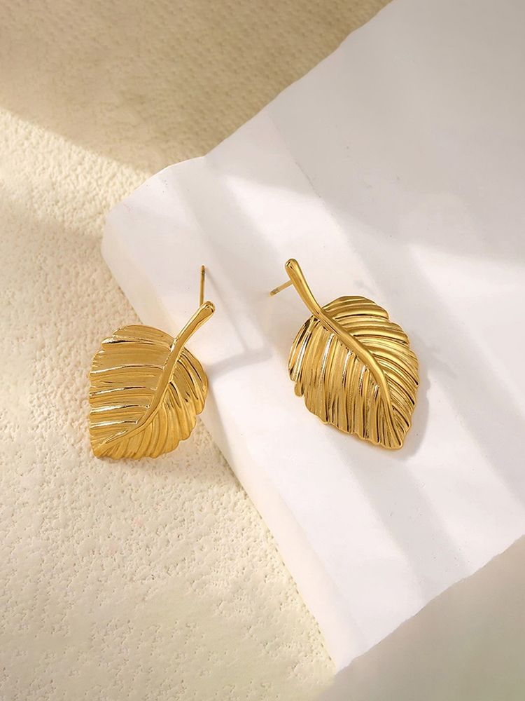 Designs & You Gold-Plated Anti Tarnish Stainless Steel Leaf Shaped Stud Earrings-image-4
