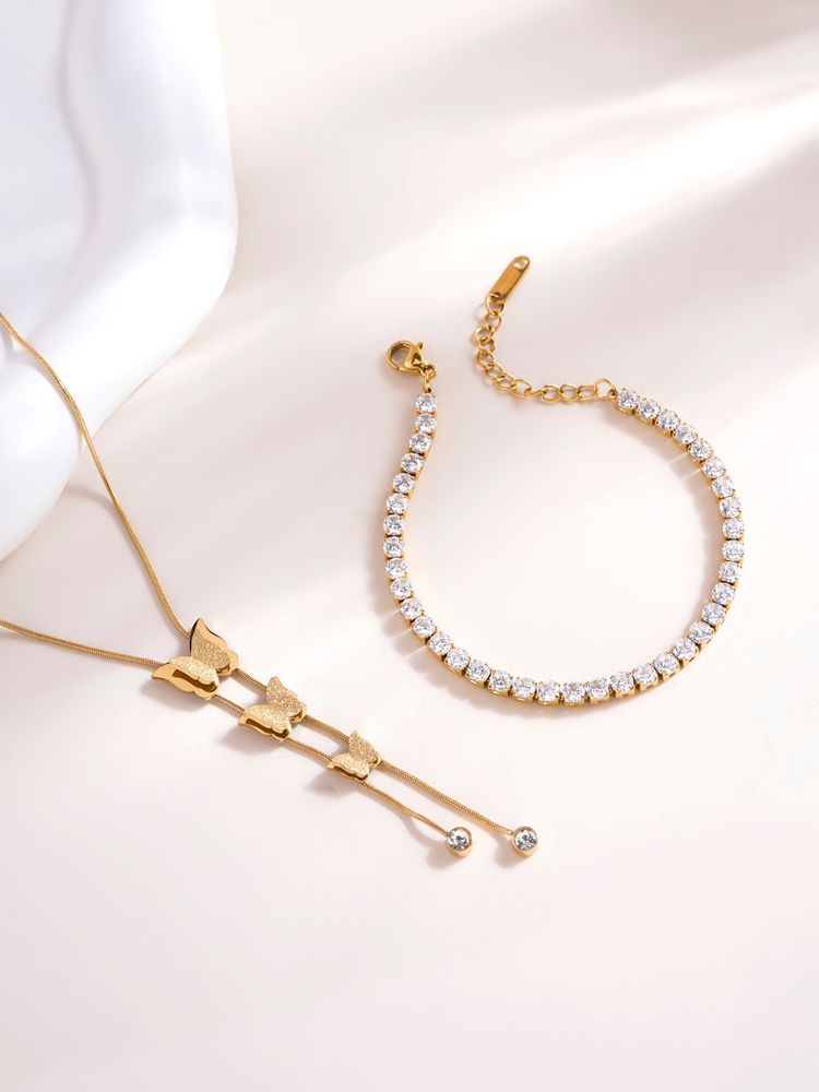 Palmonas Butterfly Long Chain Necklace and Diamond Affair Bracelet Combo Set-image-10