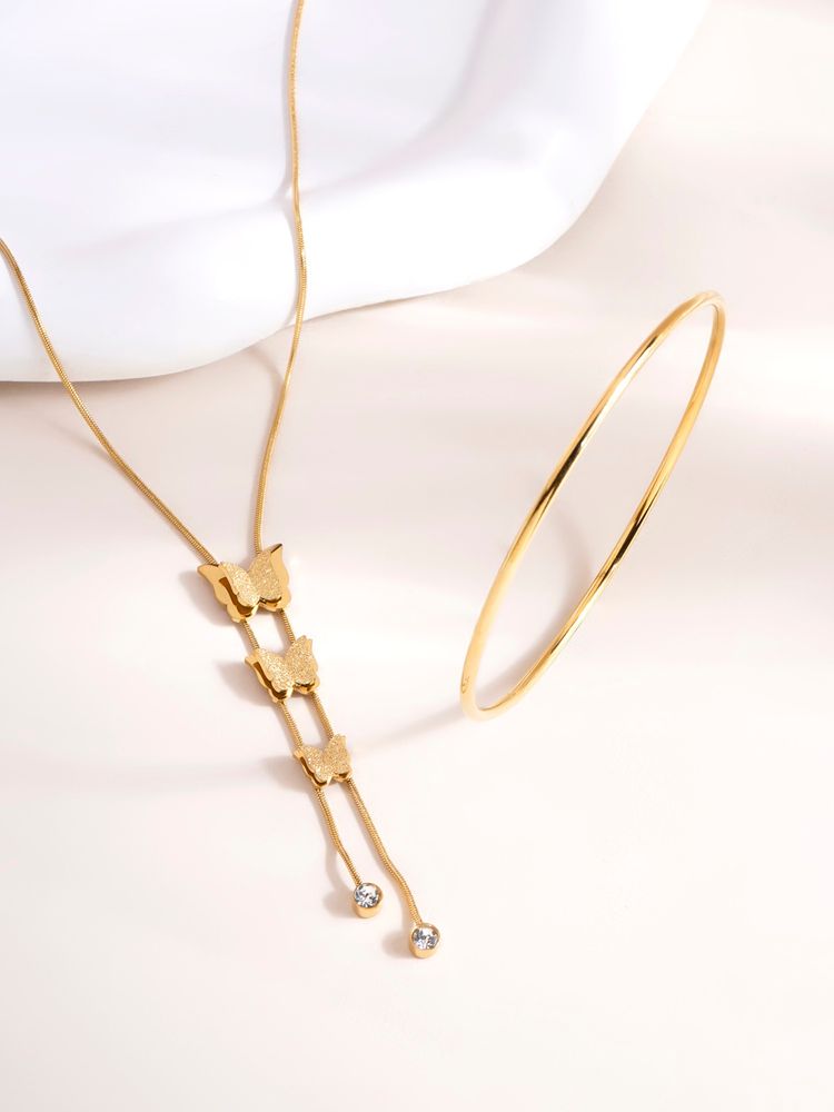 Palmonas Butterfly Long Chain Necklace and Round Wire Bangle Bracelet Combo Set-image-44