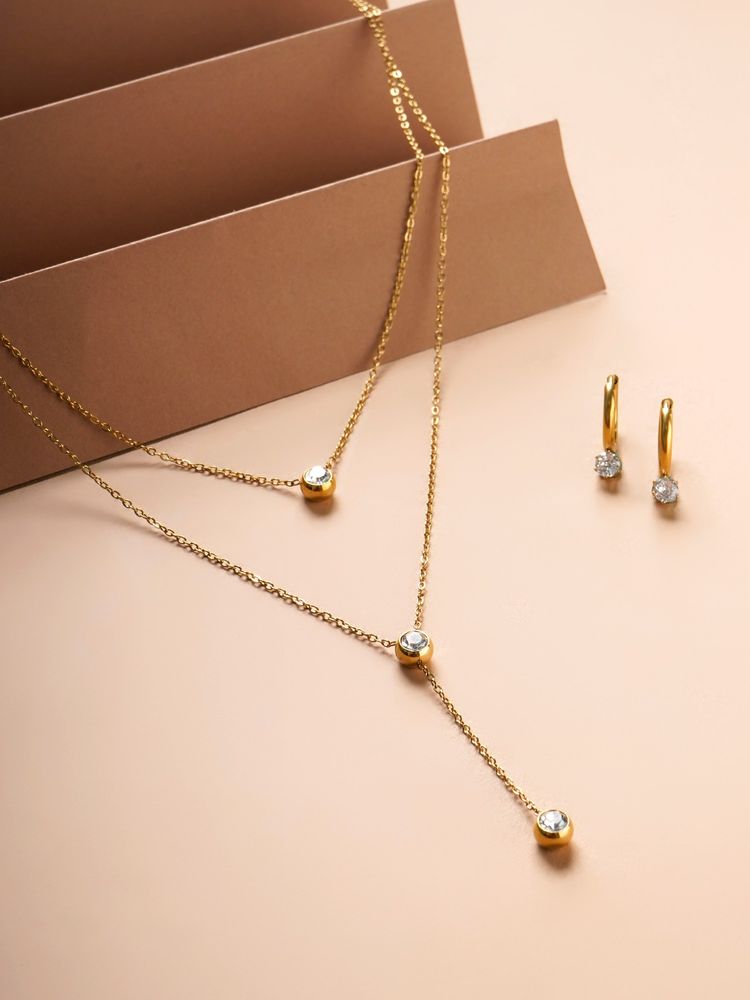 Palmonas Athena Solitaire Hoop Earrings and Two Layered Solitaire Drop Necklace Combo Set-picture-18