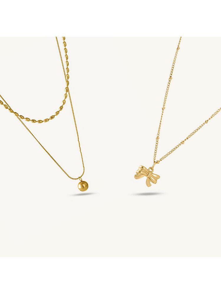 Palmonas 18K Gold Plated Ribbon Pendant Necklace and Two-Layered Bead Necklace Set-image-45