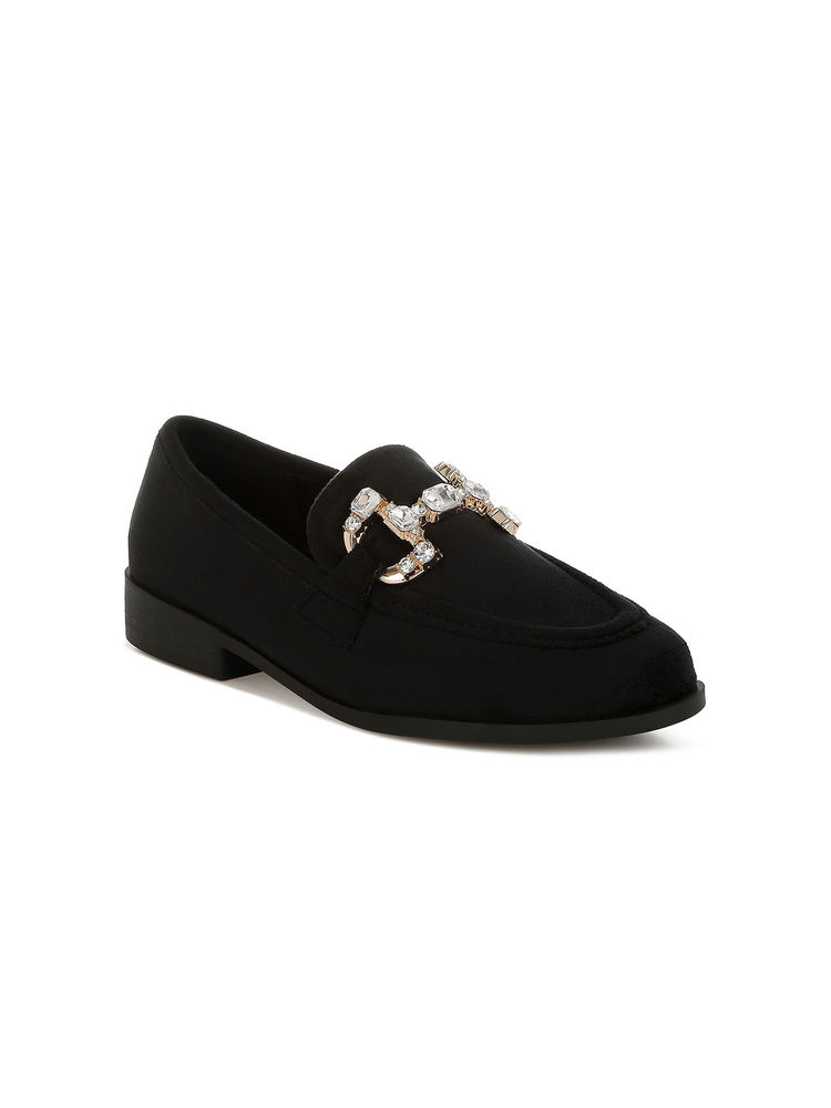 Rag & Co Black Diamante Embellished Horse Bit Loafers-picture-20