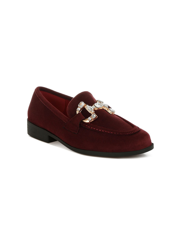 Rag & Co Maroon Diamante Embellished Horse Bit Loafers-image-18