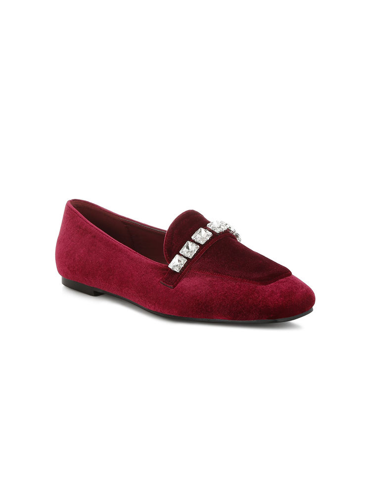 Rag & Co Red Diamante Strap Velvet Loafers-image-20