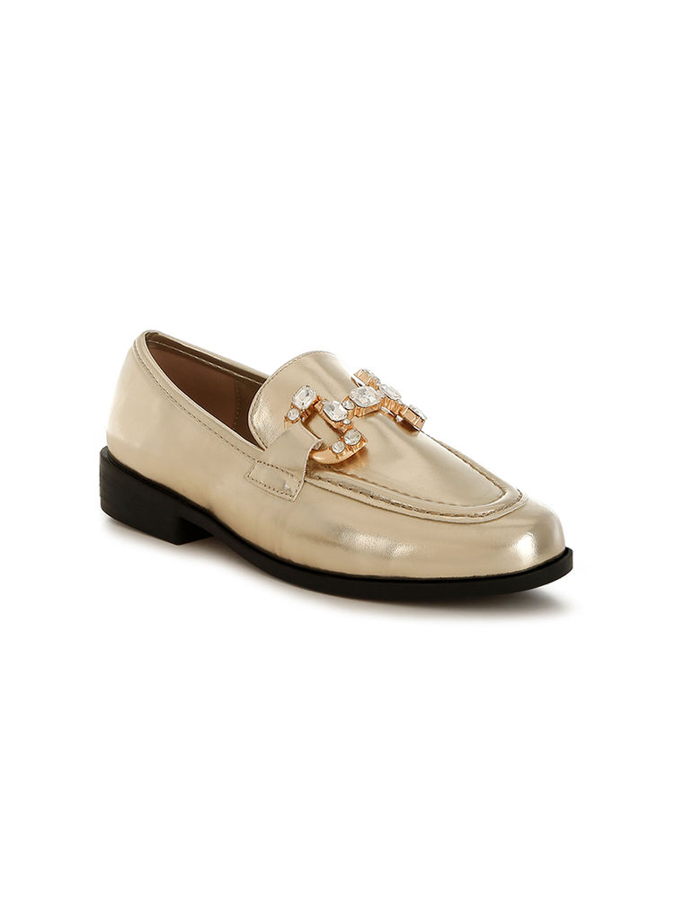 Rag & Co Gold Diamante Horse Bit Metallic Loafers-image-17