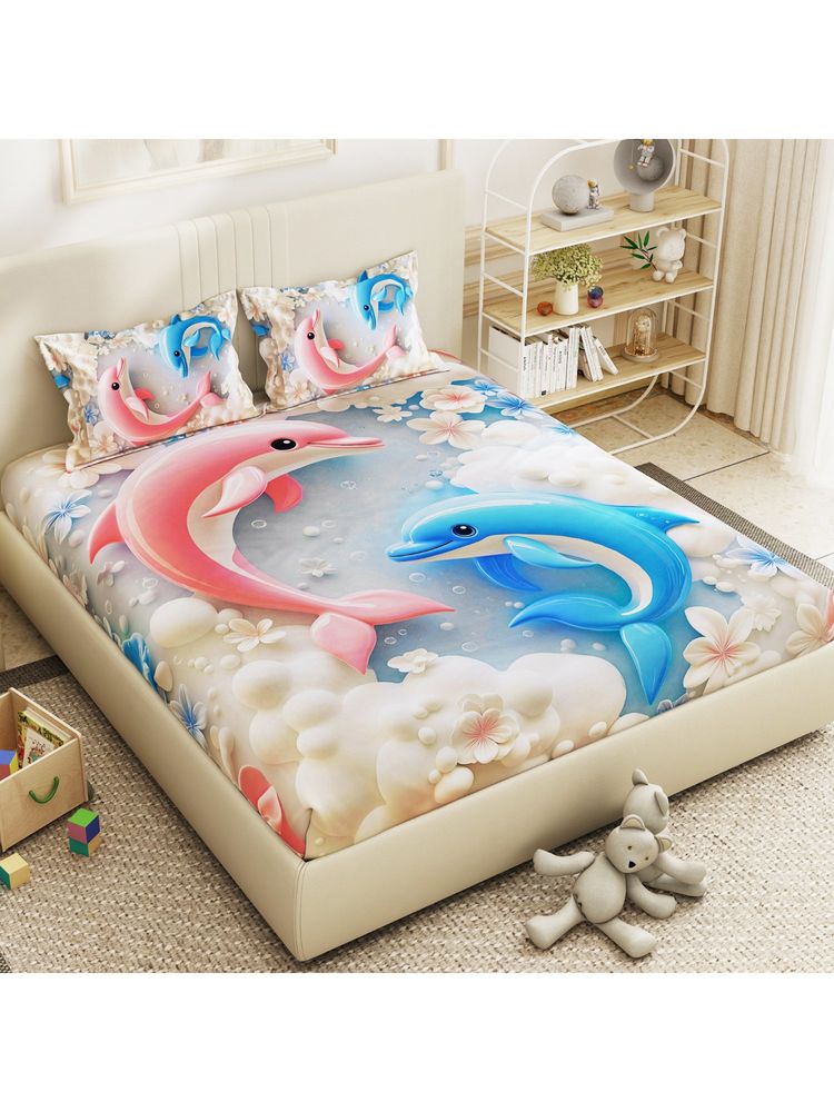Story@Home 300 TC Microfiber Double Bedsheet with 2 Pillow Covers Dolphin Print-image-41