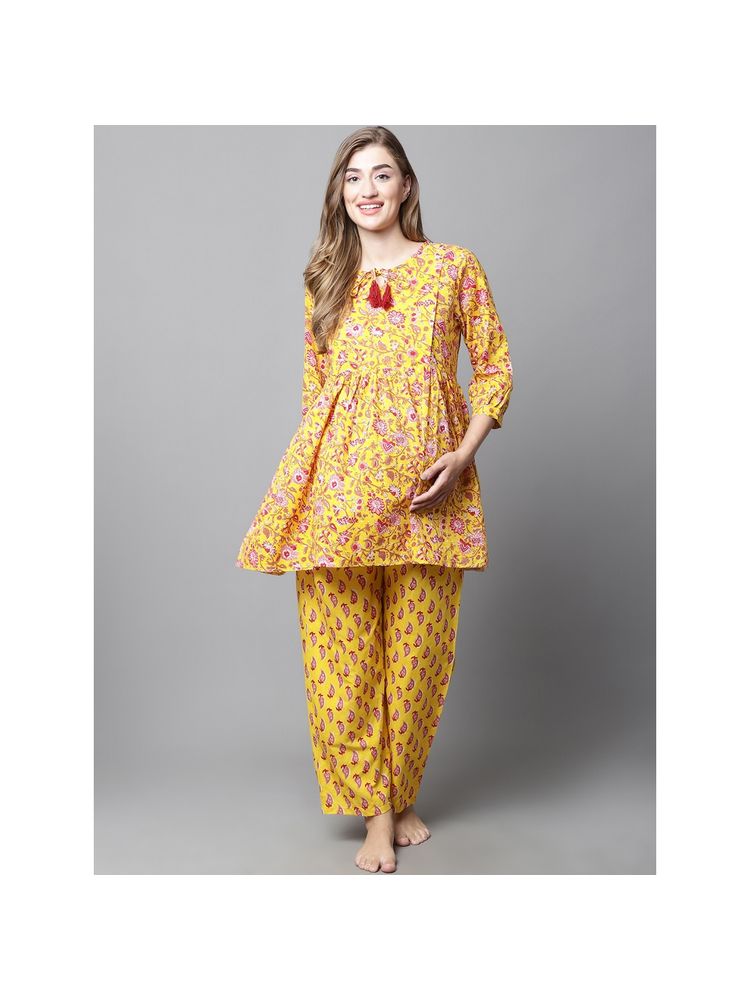 Secret Wish Yellow & Red Cotton Floral Maternity Night Suit (Set of 2)-image-10