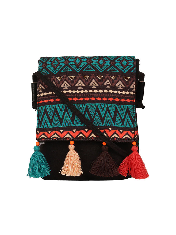 Anekaant Black, Green & Multi Geomat Digital Printed Cotton Canvas Sling Bag