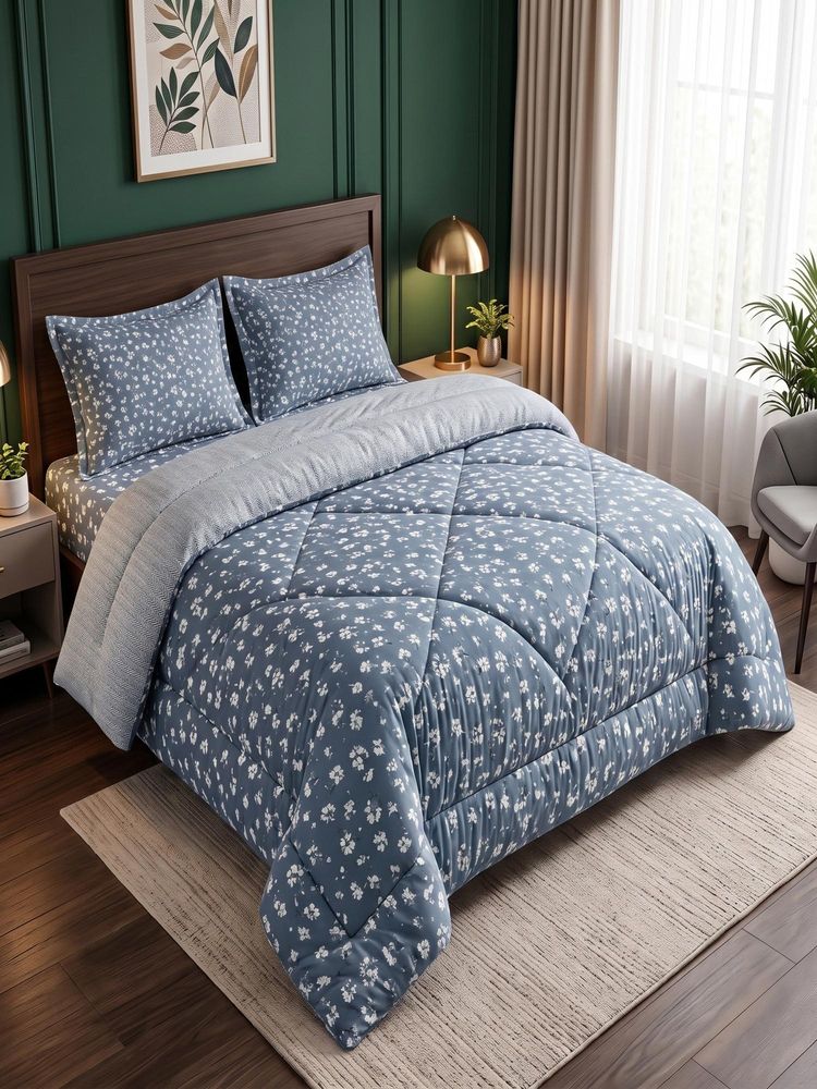 Threadwear Grey Floral 4 Pcs Comforter Set With Queen Size Bedsheet and 2 Pillow Covers-image-9