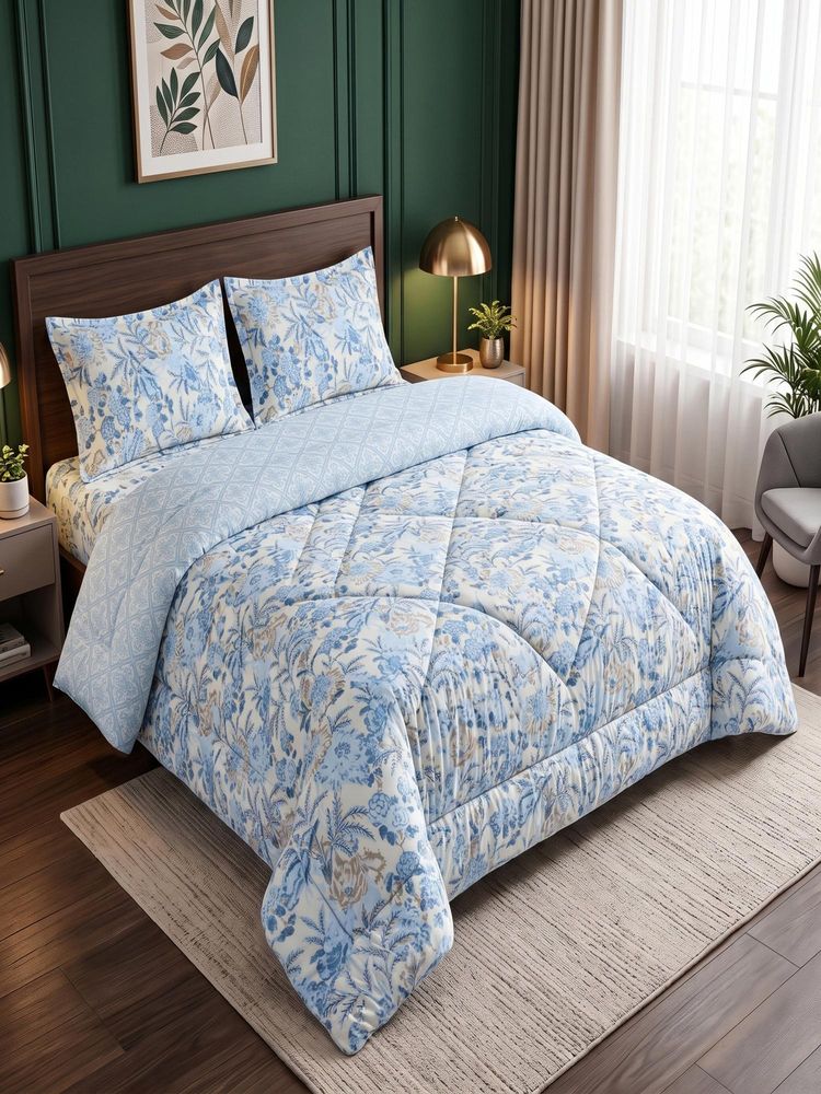 Threadwear Blue Floral 4 Pcs Comforter Set With Queen Size Bedsheet and 2 Pillow Covers-image-3