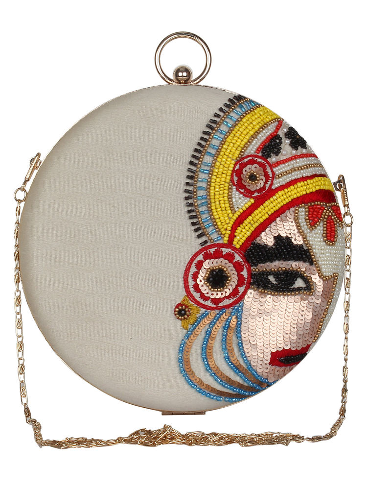 Anekaant Kathak Embroidered White & Multi Faux Silk Round Clutch