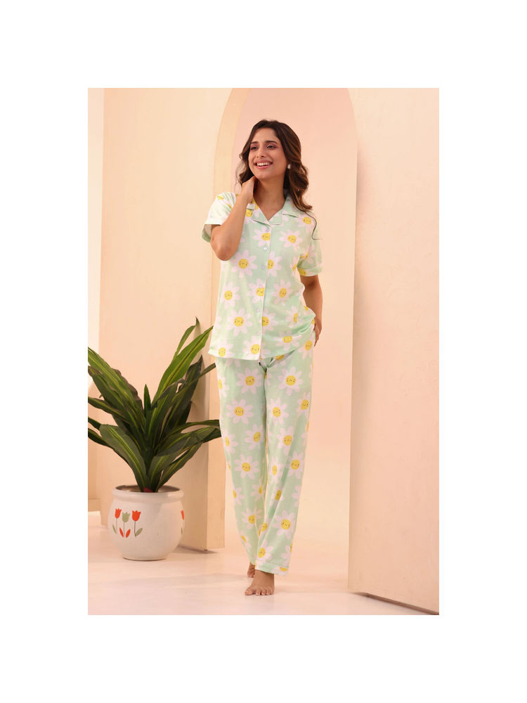 NAP STORY Women Green Printed Half Sleeve Shirt with Pyjama (Set of 2)-picture-26