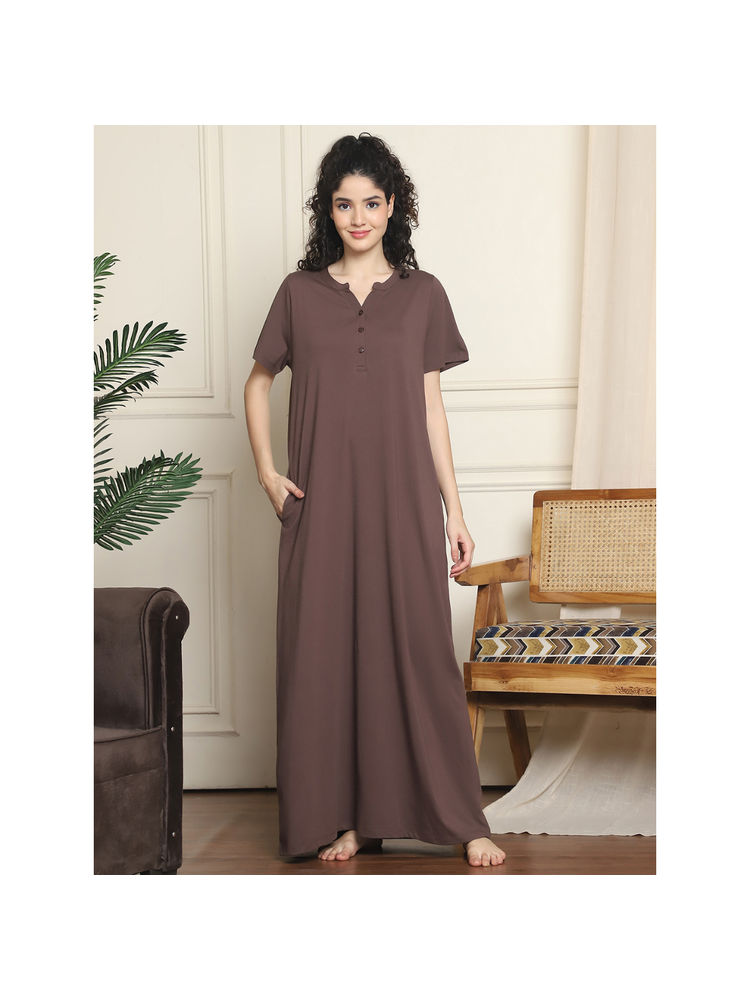Indreams Women Brown Solid Mandarin Collar Nightdress-picture-9