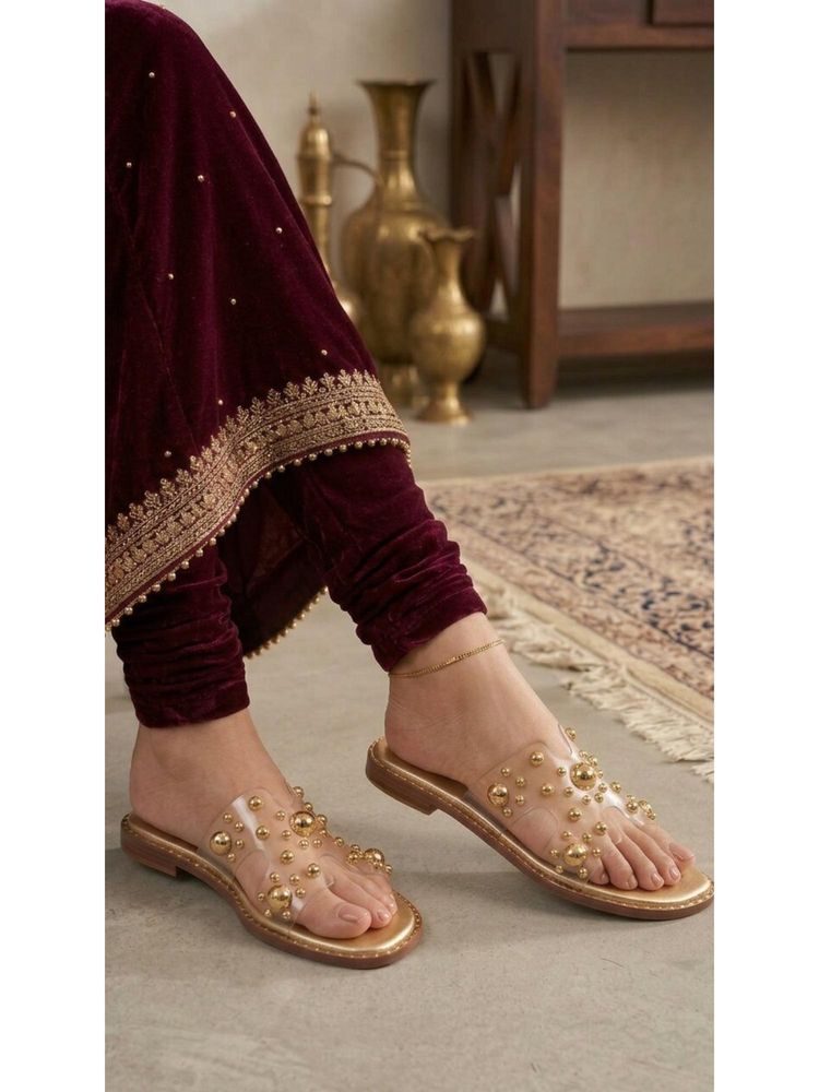 Sandal Stories Golden Studded Transparent Slider Flats-image-19